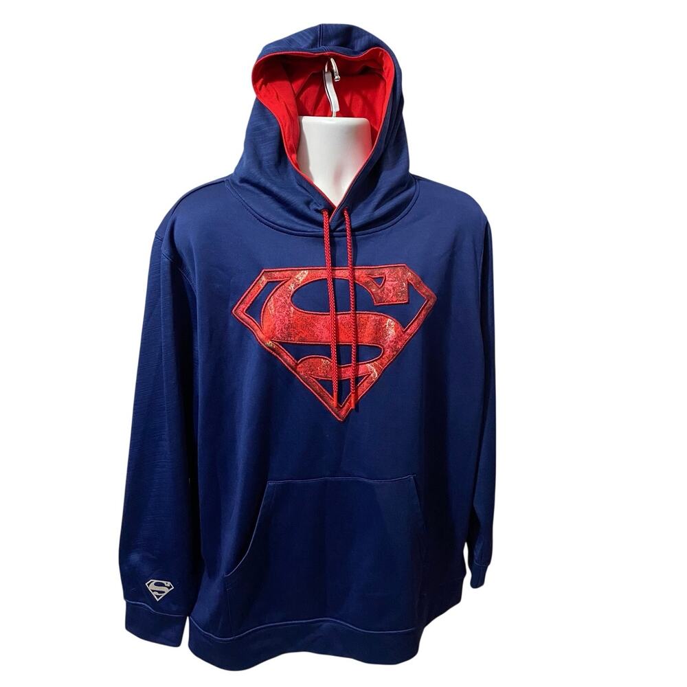 SUPERMAN BLUE HOODIE — Red Classic Chest Symbol Graphic Pullover Men's XL